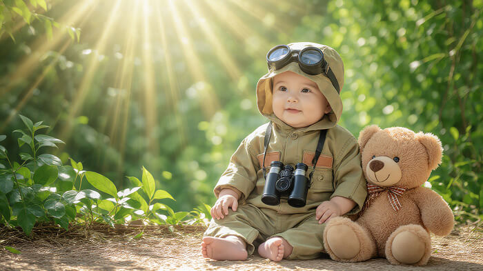 6-month-old baby dressed as a tiny explorer in a forest with sunlight rays and adventure vibe.