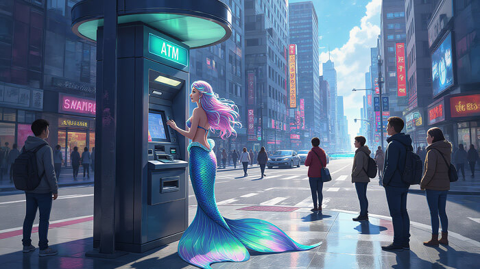 A mermaid is using an ATM on a busy city street corner.