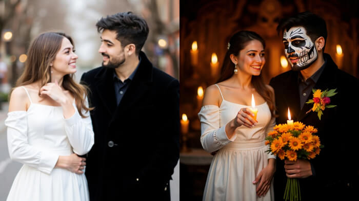 a photo of a couple holding hands; after: a couple dressed as a vampire and a ghost standing in a monster lineup with fog and dramatic lighting