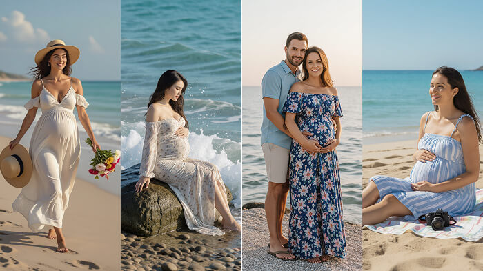 Different beach maternity poses, including standing, walking, and sitting.