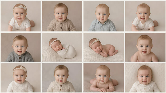 Collage of babies from 1 to 12 months, each in a themed AI baby photoshoot at home.