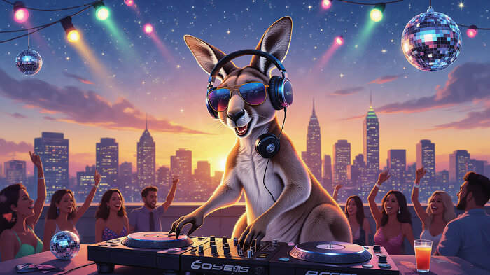 A kangaroo DJing at a rooftop party