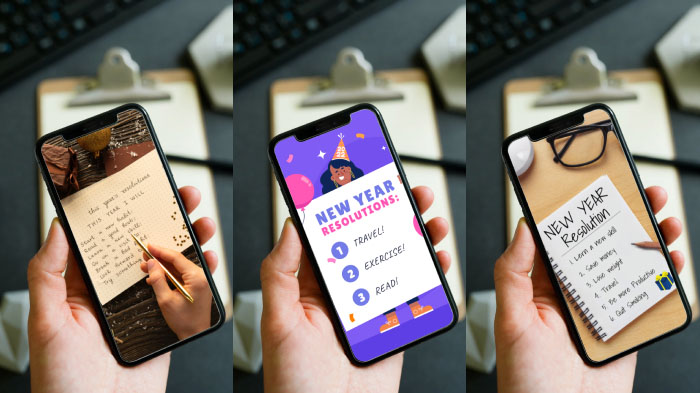 A collage of 3 images with New Year’s resolution list.