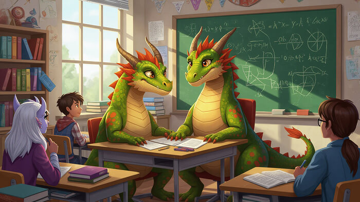 A dragon is studying in a classroom.