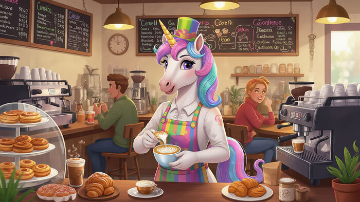 A unicorn works as a barista in a busy café