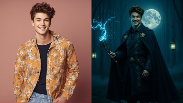 Before: normal man; After: man in a suit with sugar skull makeup standing before a marigold altar with glowing candles.