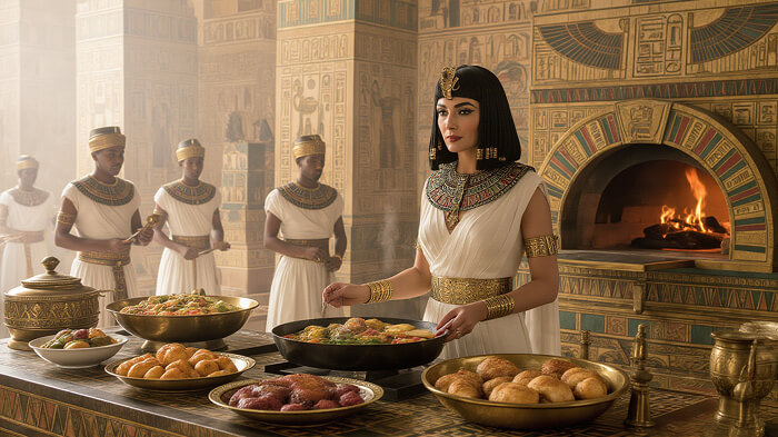Cleopatra is cooking food in the oven.