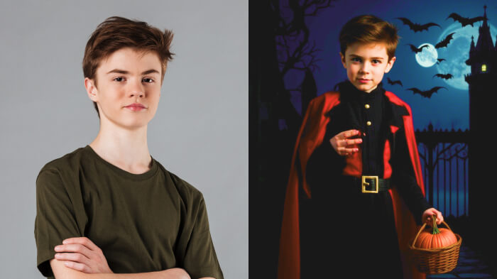 Before: a kid’s photo; after: child in green elf costume sitting on a mossy log in a sunlit forest holding a wooden wand.