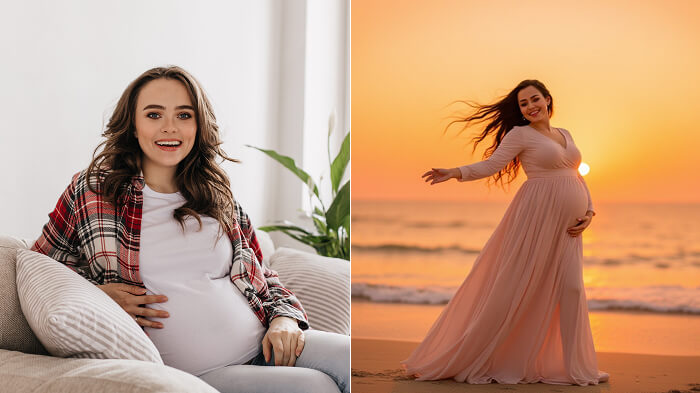AI maternity shoot visualization showing before and after beach maternity photo created using LightX prompts.