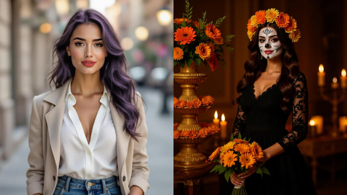 Before: portrait of a girl; after: girl in white dress holding a candle before an antique mirror with a ghostly reflection.