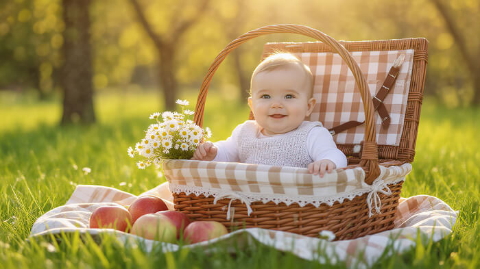 5-month-old baby at a cozy picnic with basket, fruits, and soft sunset light.