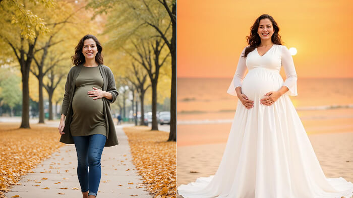 AI outfit try-on showing beach maternity dresses in chiffon and pastel tones.