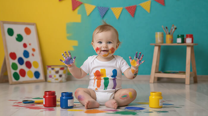 8-month-old baby playing with paints and brushes in a bright, colorful art setup