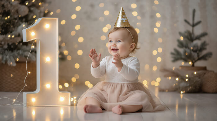 1-year-old baby celebrating first birthday with cake, balloons, crown, and sparkling fairy lights.