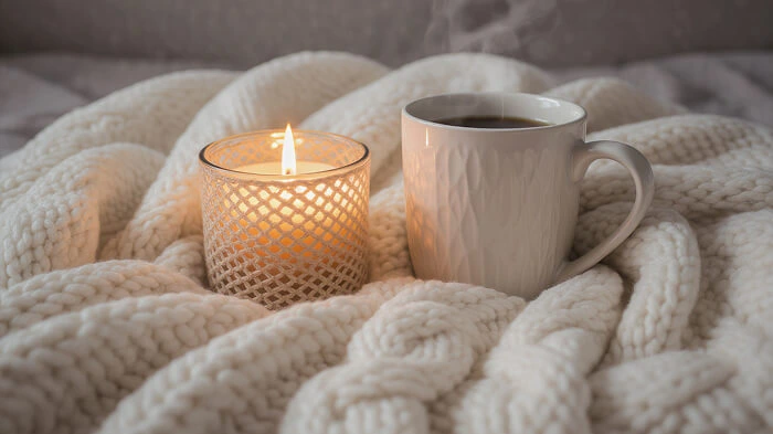 Lit candle with a knitted blanket and coffee mug, creating a cozy vibe.