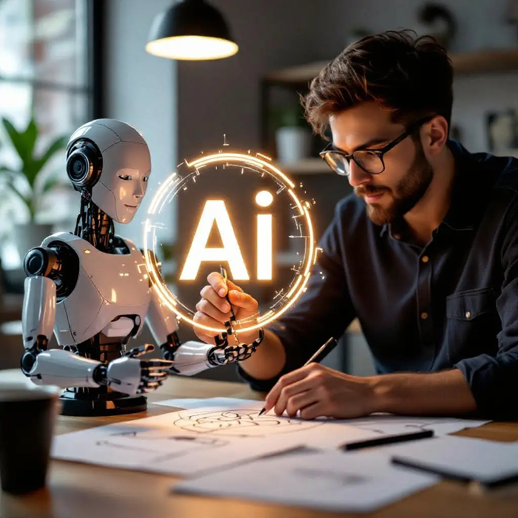 Human and AI hand collaboratively sketching a glowing logo design