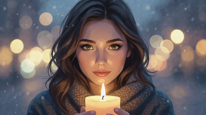 Close-up of a face with candlelight casting soft shadows for a moody effect.