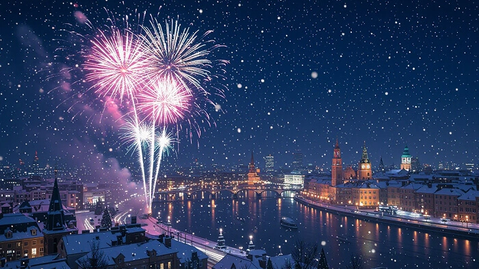 New Year fireworks over a snowy festive city at night.