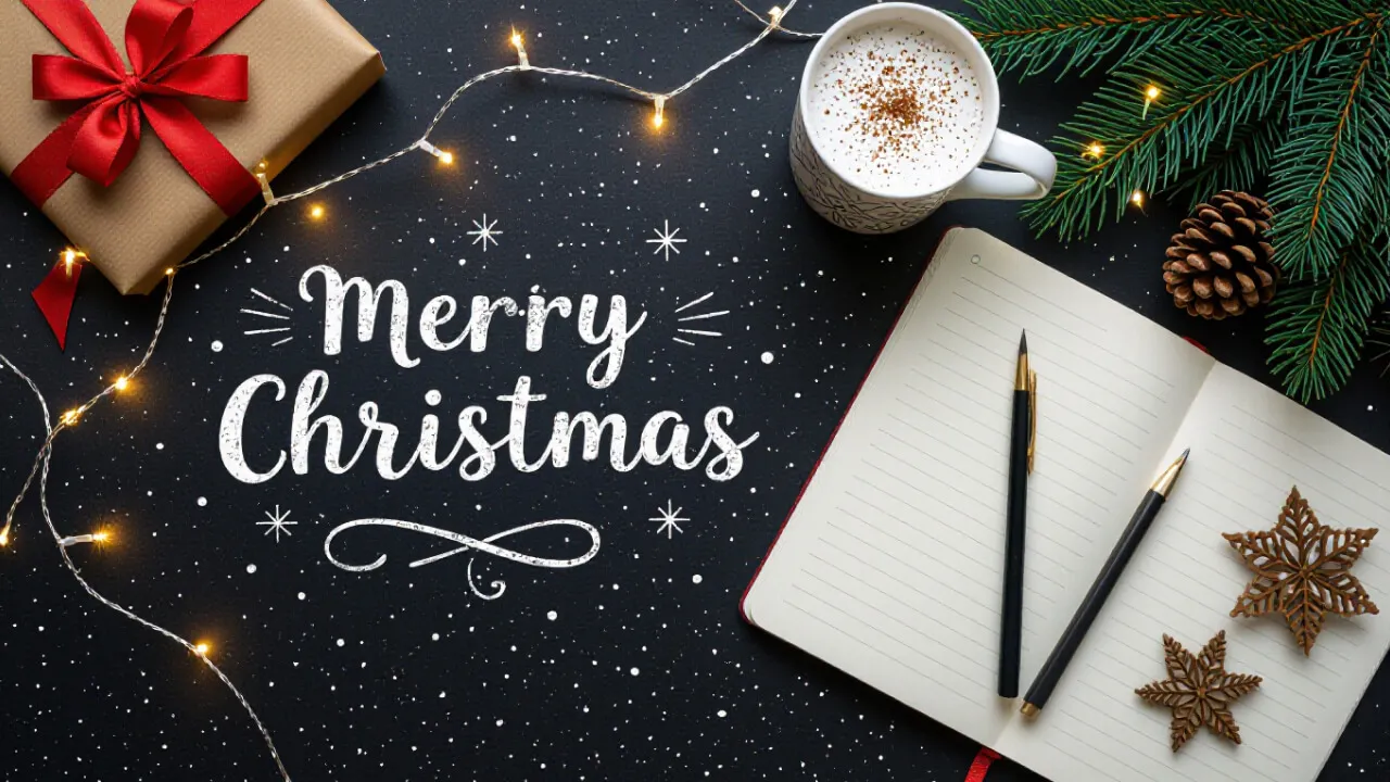 Creative Christmas art setup with sketchbook, cocoa, and fairy lights.