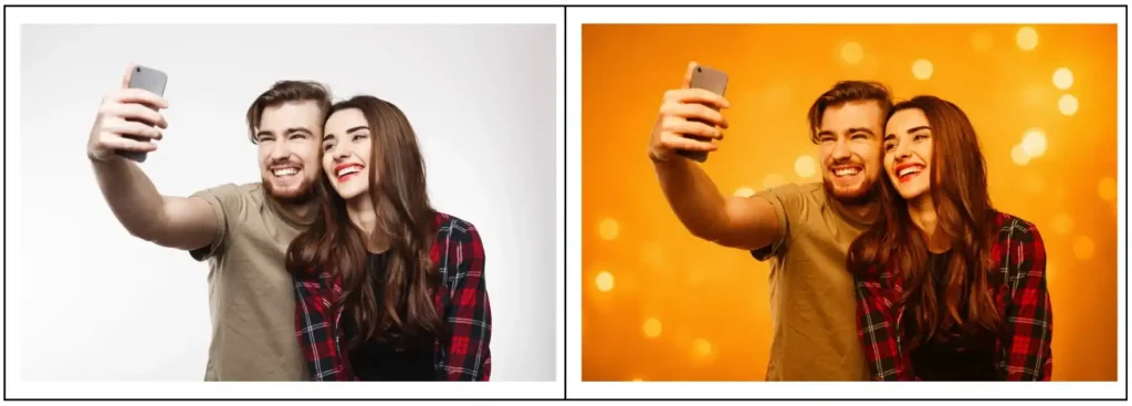Before and after AI couple photo: original selfie on left, cinematic edited version on right.