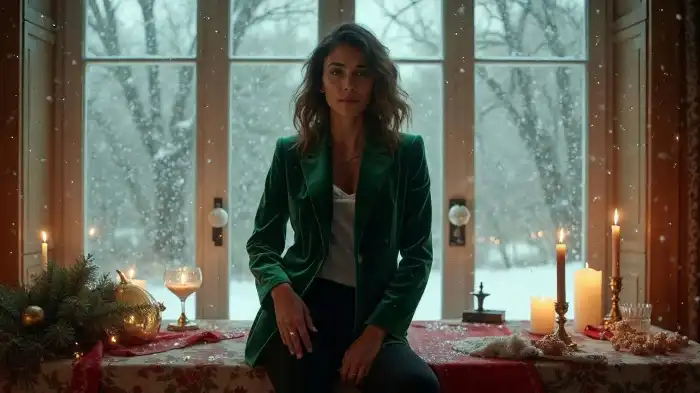 A photo of a woman in a pine green velvet blazer with black pants posing indoors in front of a snowy window.