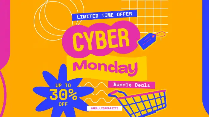 An image promoting Cyber Monday bundle deals with up to 30% off. 
