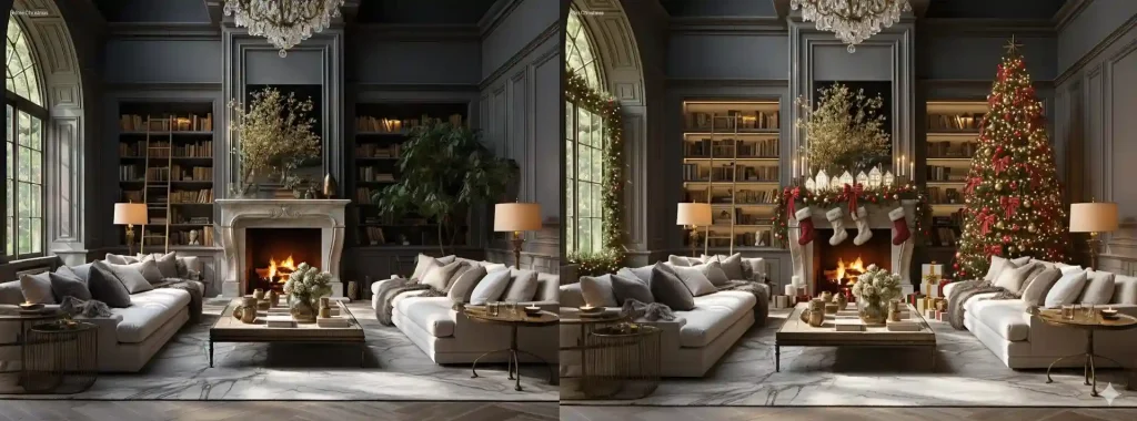 Empty room turned into a decorated Christmas room. 