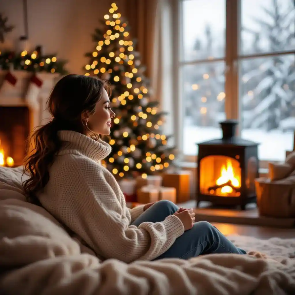 Person in cozy Christmas living room with sweater, fireplace, and decorated tree.