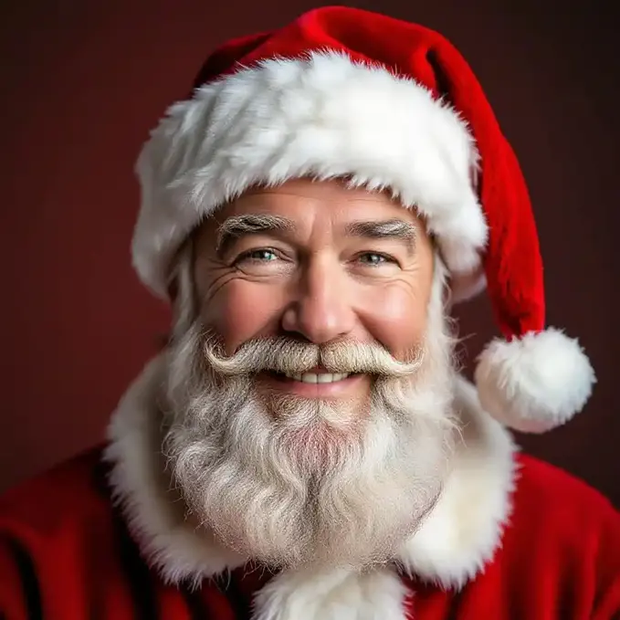 Person wearing a Santa hat with red background and soft studio lighting.