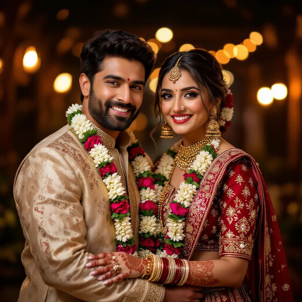 Bollywood-style couple portrait in traditional outfits with warm festive lighting.