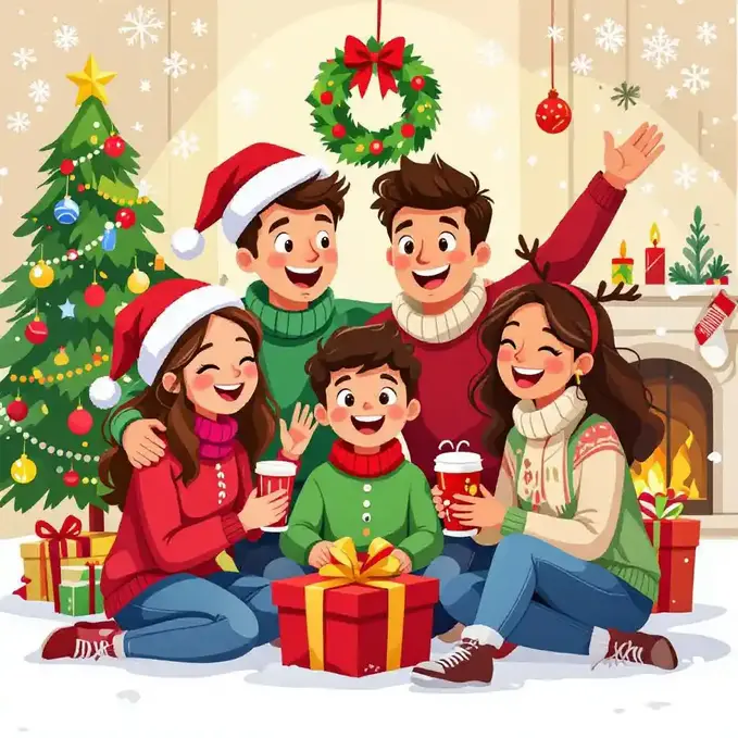 Cartoon-style Christmas illustration of friends with festive colors.