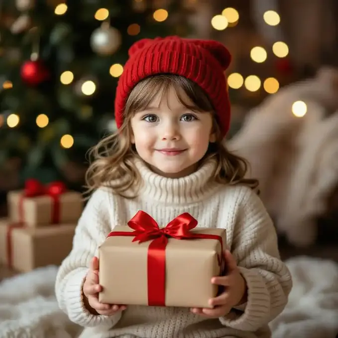 Child holding a wrapped Christmas gift in a warmly lit room.