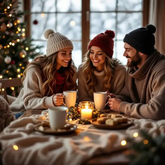 Friends' Christmas gathering indoors with warm drinks and soft lighting.