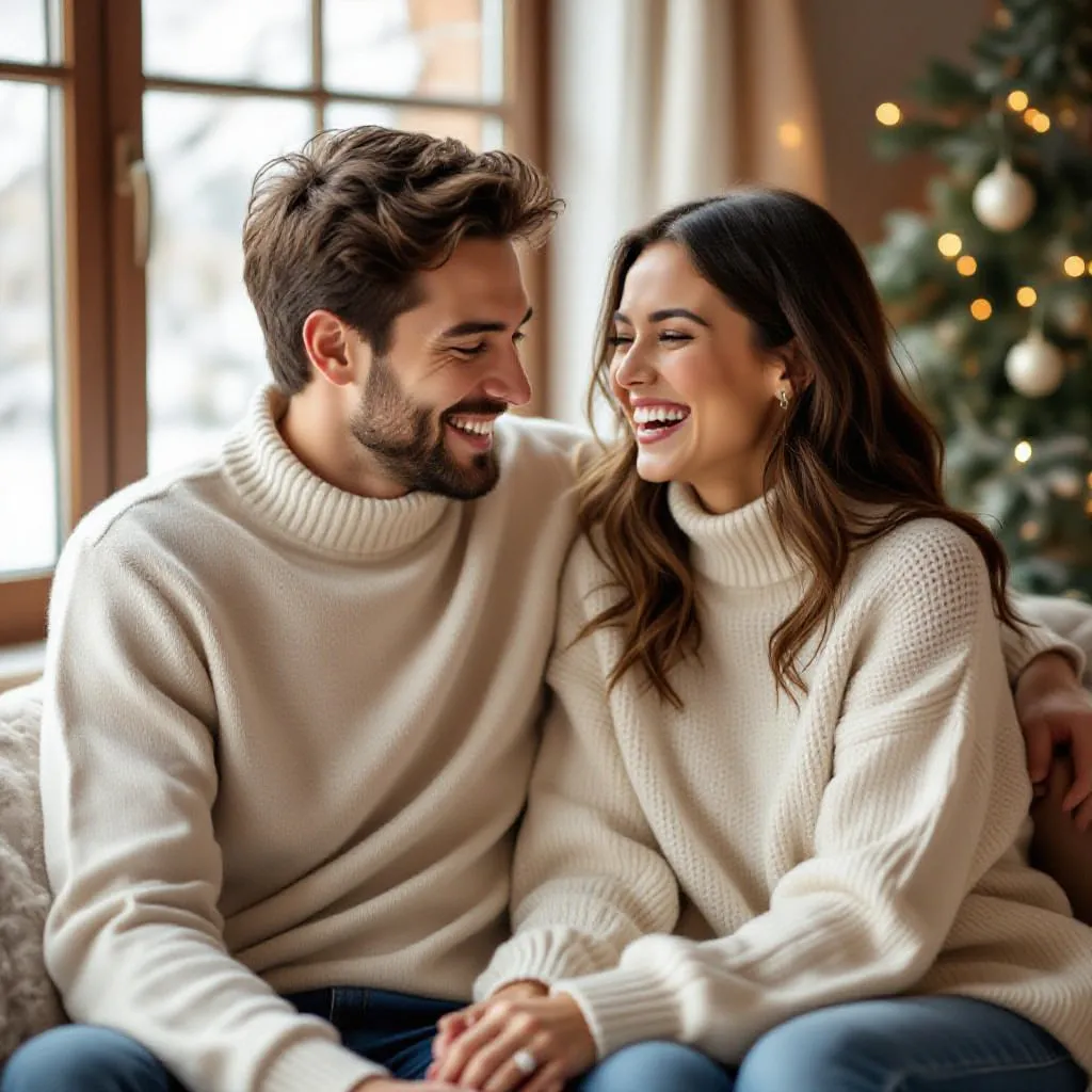Cute couple in matching sweaters laughing together, cozy indoor vibe.