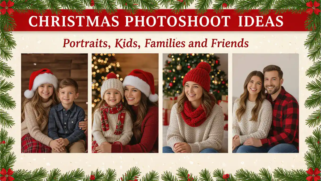 Christmas photoshoot ideas banner featuring portraits, kids, families, and friends.