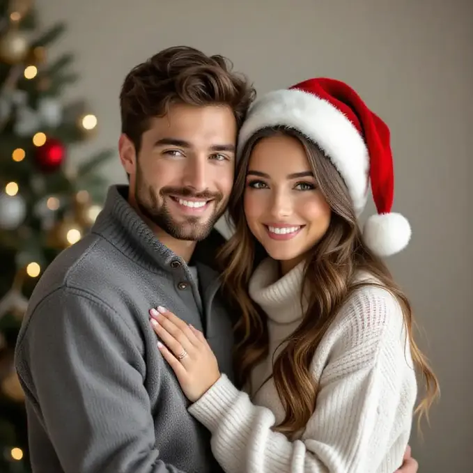 Christmas duo portrait with natural poses and warm lighting.