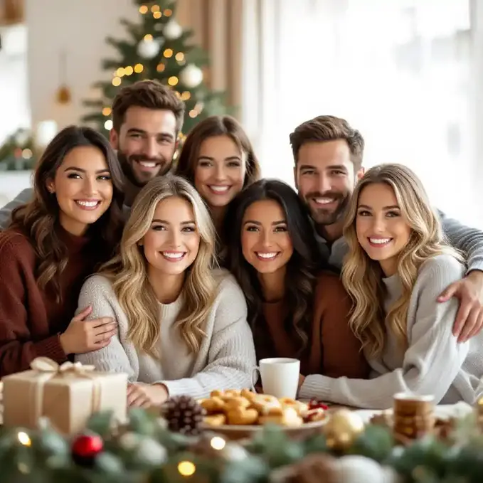Christmas group portrait of friends with warm lighting and subtle decor.