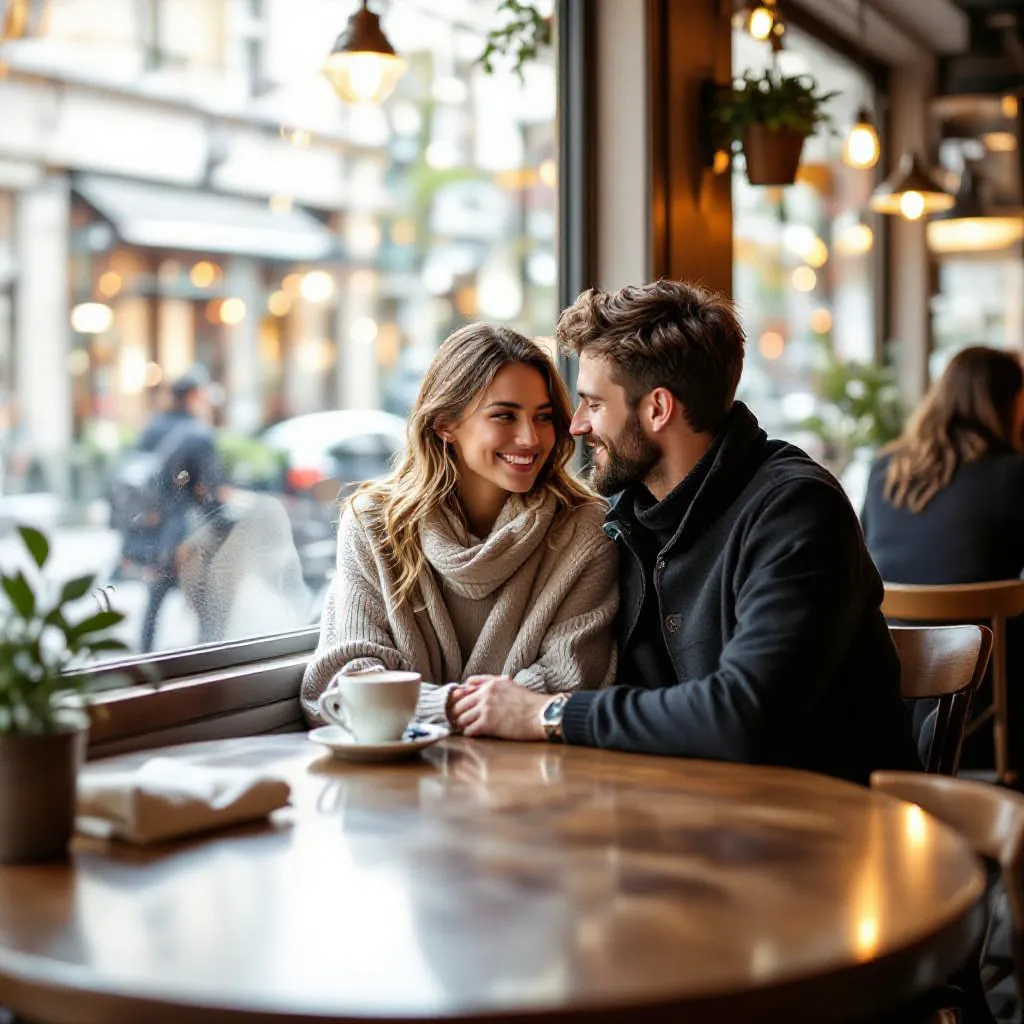 Couple sitting in a cozy café, soft reflections on the glass, aesthetic tones.