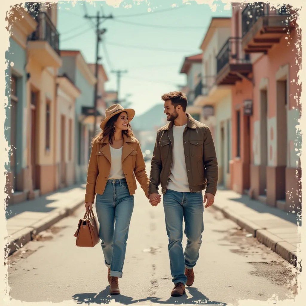 90s retro couple walking on an old street with faded colors and film grain