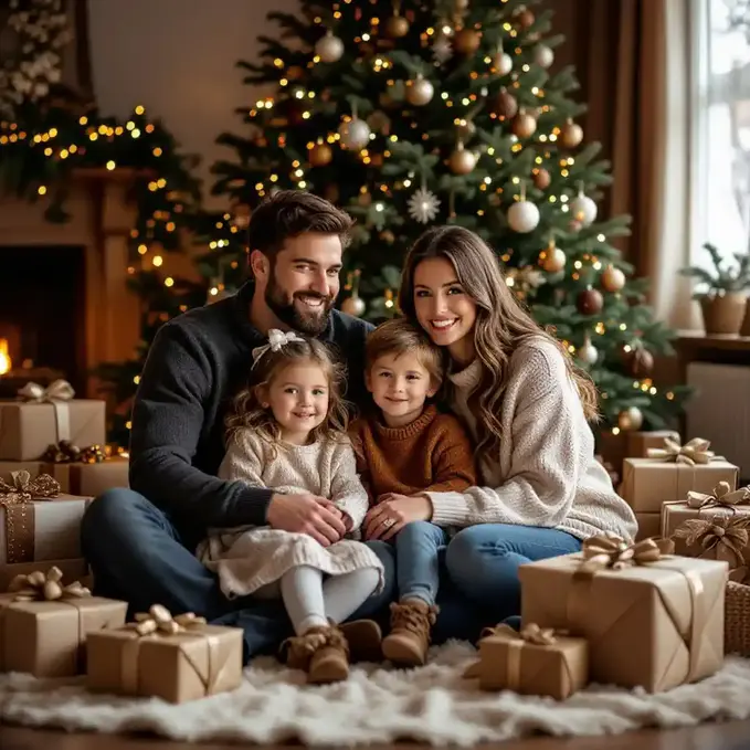 Traditional family Christmas photoshoot with tree, gifts, and fairy lights.