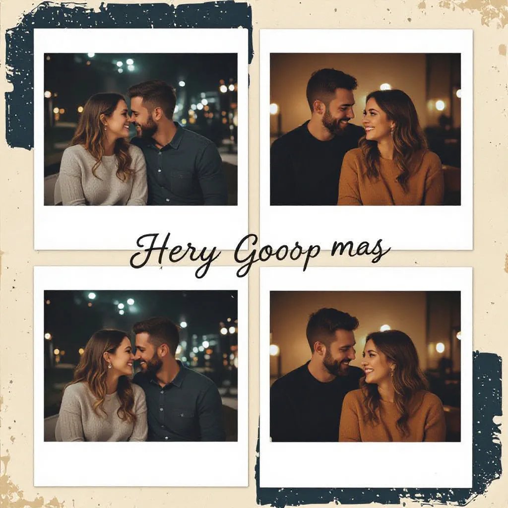 Polaroid collage of four candid couple moments with handwritten date and vintage film feel.