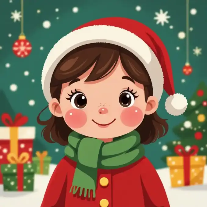 Cartoon-style Christmas illustration of a child with festive colors.