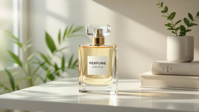 Perfume bottle styled on a modern lifestyle shelf.