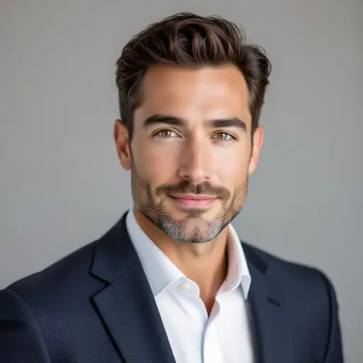 Professional corporate headshot of a man on a clean gray background.