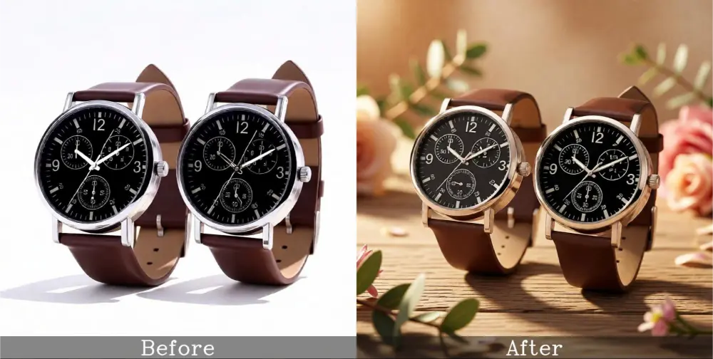 Before and after watch photo single brown watch, then romantic couple setup.
