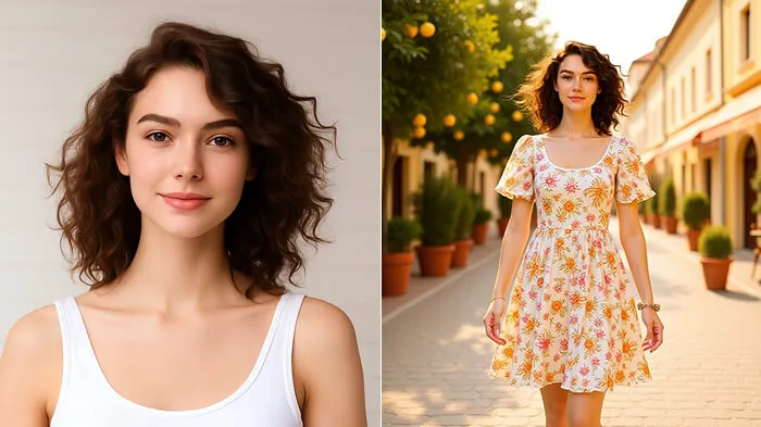 Before and after photo showing wavy hair and French Riviera background.