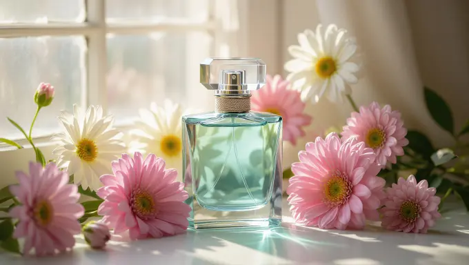 Perfume bottle surrounded by soft pastel flowers in natural light.
