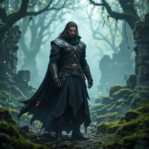 Ultra-detailed fantasy character in enchanted forest with glowing mist.