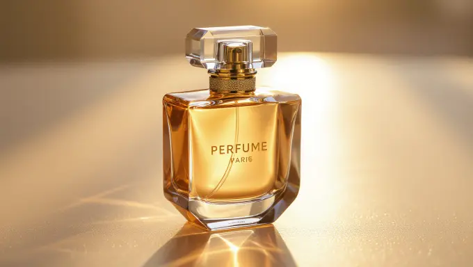 Perfume bottle glowing in warm golden hour sunlight