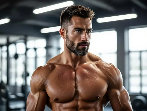 Muscular man fitness portrait in a gym with dramatic side lighting